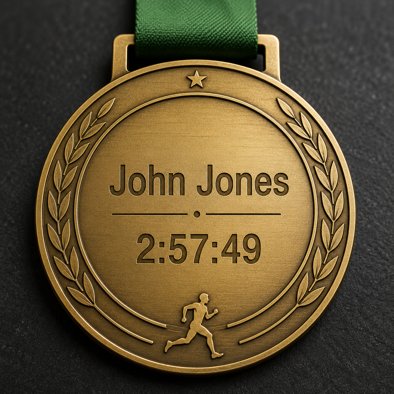A personalised engraved medal showing a finisher's name and finish time